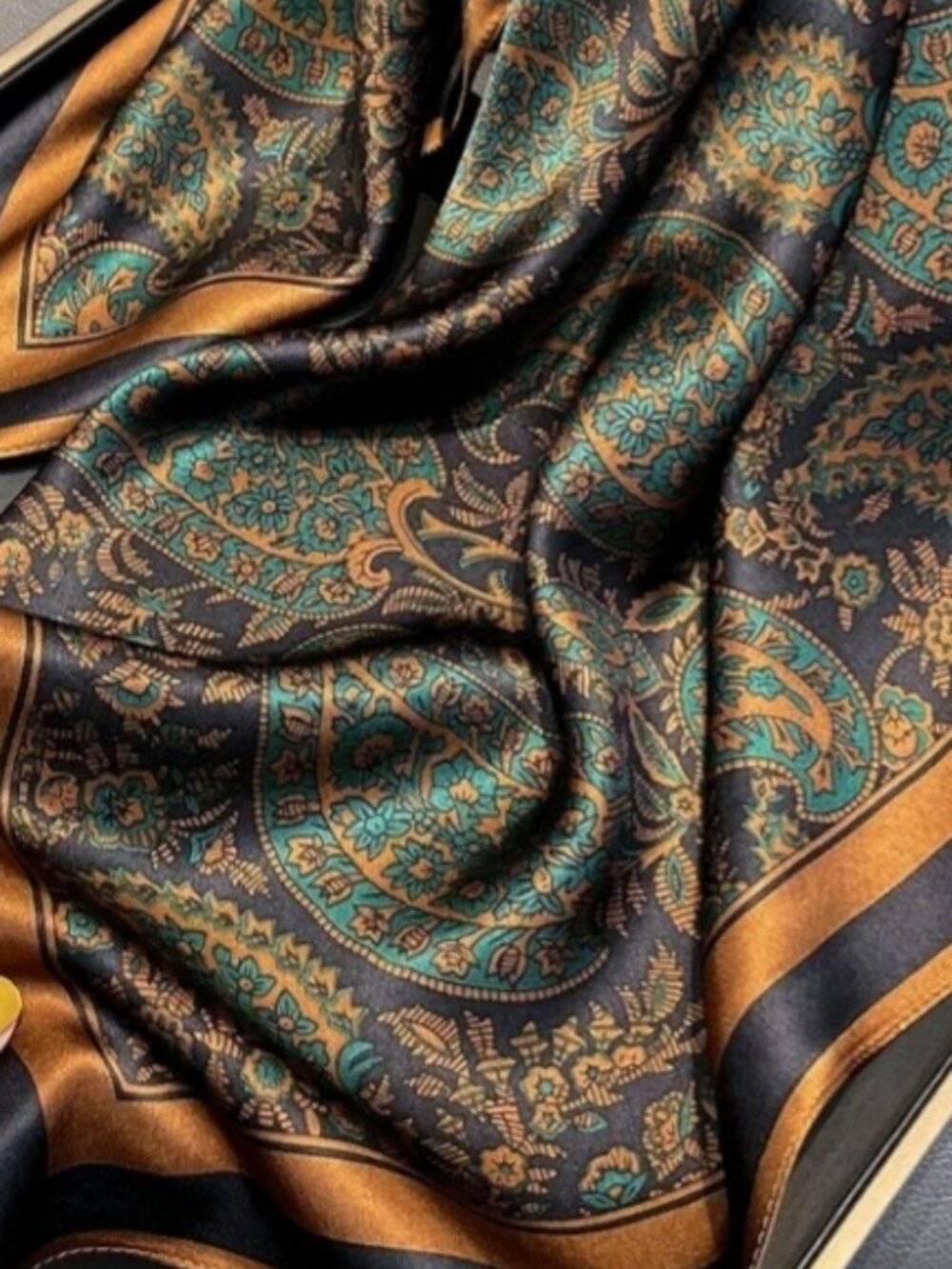 BLACK Gold Teal PAISLEY Poly-Silk 27” Square SCARF by ORNAMENTS